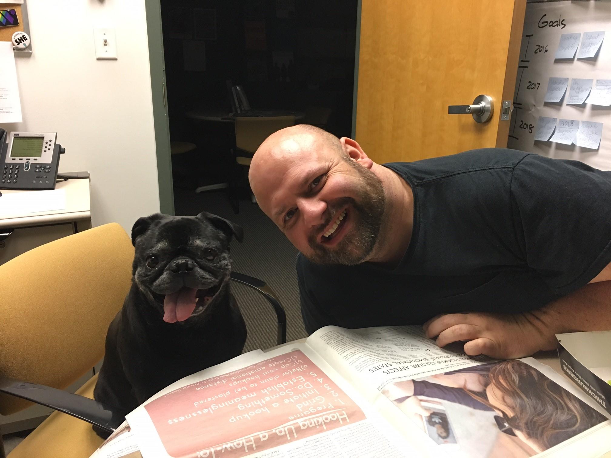The boys visited me at the office one night when I had to work late. Zeus loves the new smells and there was bacon cooking outside the office.
