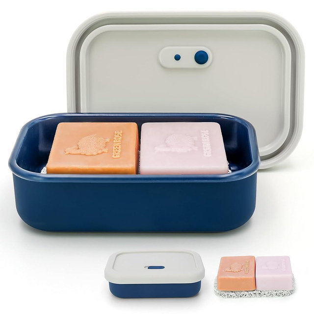 AIDIMMING Enhanced Leak Proof Travel Case with Lid, Large Silicone Container for Traveling,Shampoo Bar Holder, Soap Dish with Draining Layer, Bar Soap Caddy (Offwhite & Blue)