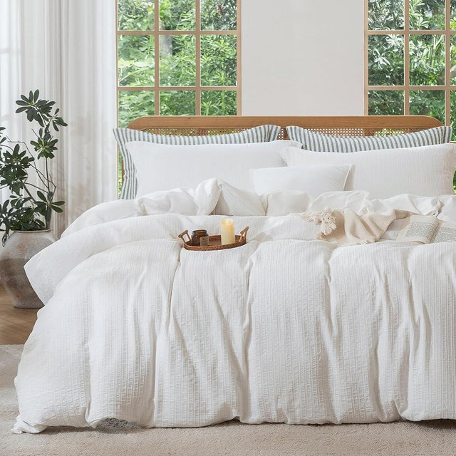 MILDLY White Boho Duvet Cover Set - 100% Washed Cotton Jacquard Stripe Textured Comforter Cover with Zipper Closure 104"x90"