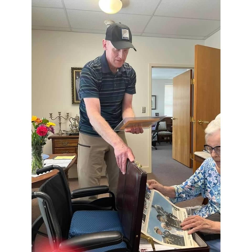 Jeff with Lucille, our friend from Bedford. Her story is on You Tube: "Bedford: The Town They Left Behind" as she lost two of her brothers Raymond and Bedford on Omaha Beach June 6, 1944.  Lucille is in this video https://www.youtube.com/watch?v=SuHYfOuH16s