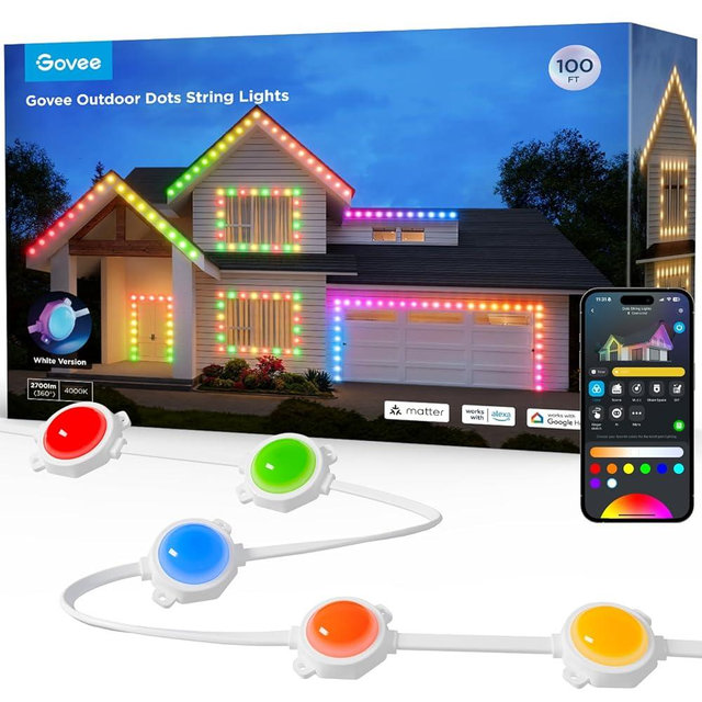 Govee Outdoor LED Strip Lights, 45 RGBIC LED Lights 100FT String Lights with 65 Scene Modes, Halloween Decoration Work with Alexa, Google, APP Control, IP65 Waterproof