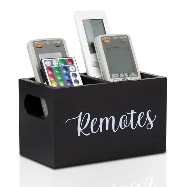 Black Wooden Remote Control Holder for Table, TV Remote Holder, 2 Compartments Ash Wood Remote Organizer Caddy with Handle, Wooden Remote Box for Nightstand,Living Room Office, Office Desk, Side Table