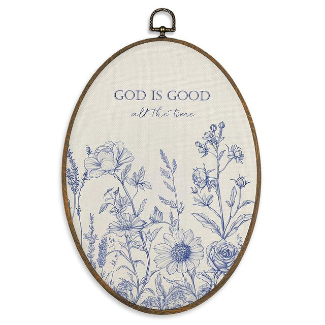 XBBMGG Blue Flowers Wall Art Decor, Boho Navy Blue Flower Christian Religious Oval Wall Hanging Decor, God Is Good Bible Verses Botanical Framed Canvas Prints for Bathroom Living Room Decorations, 8.6 x 11.4 inch
