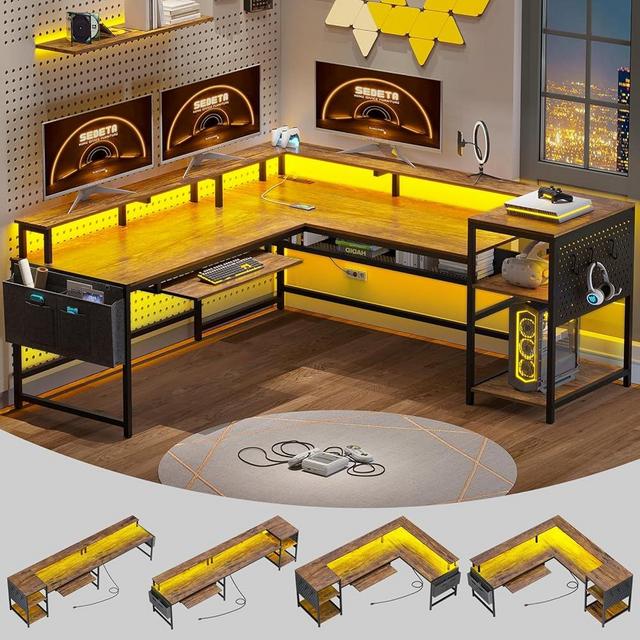 SEDETA L Shaped Computer Desk, Reversible Computer Desks, L Shaped Desk with Power Outlets & LED Strip, Monitor Shelf, Keyboard Tray, Pegboard and Storage Shelves for Home Office, Rustic Brown