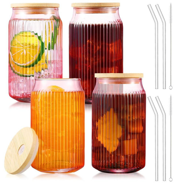 Tiangrid 16 oz Pink Ribbed Glass Cups with Lids and Straws 4 Set, Vintage Drinking Glasses, Ideal for Iced Coffee, Smoothies, Beer, Tea, Cocktails, and Juices, Ribbed Glassware Set