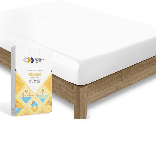 California Design Den 400 Thread Count 100% Cotton 1 Fitted Sheet Only, Pure White Queen Fitted Sheet, Long - Staple Combed Pure Natural Cotton Sheet, Soft & Silky Sateen Weave