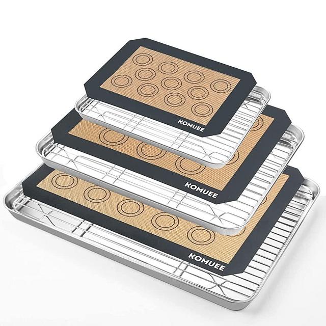 KOMUEE 9-Piece Baking Sheet, Cooling Rack with Silicone Mat Set (3 Pans + 3 Racks + 3 Mats), Stainless Steel Cookie Sheet with Cooling Rack and Baking Mat, Non Toxic & Heavy Duty & Easy Clean