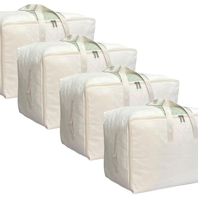 DoYiKe Soft Canvas Storage Bag with Zipper and Clear Window, Cotton Linen Organizer Storage for Pillow, Sweater, and Bedding, 55L, 4 Pack, Beige