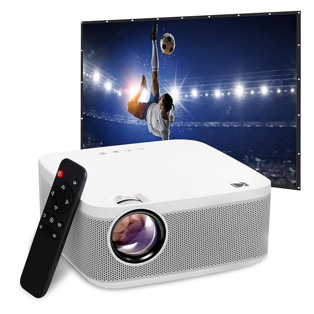 KODAK FLIK X10 Full HD Multimedia Projector Kit | 1080p Mini Compact Portable Home Theater System Bundle with 100” Projection Screen, Remote Control, Tripod Stand, HDMI Cable, Hooks & Carry Case