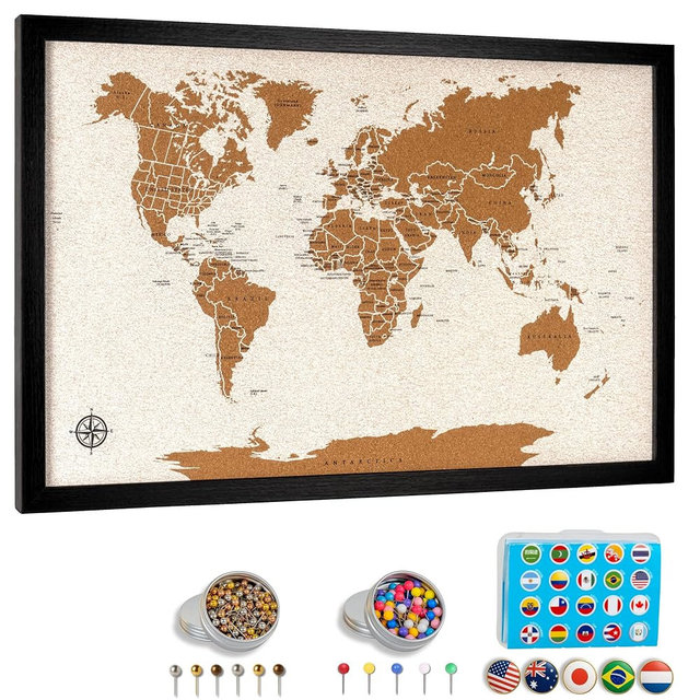 World Map Pin Board Medium 21"x14" Framed | White Ocean Cork Wall Map with 300 Push Pins | Country Flag, Metallic & Colored Pins | World Travel Map with Pins | Gift for Travelers, Couples & Families
