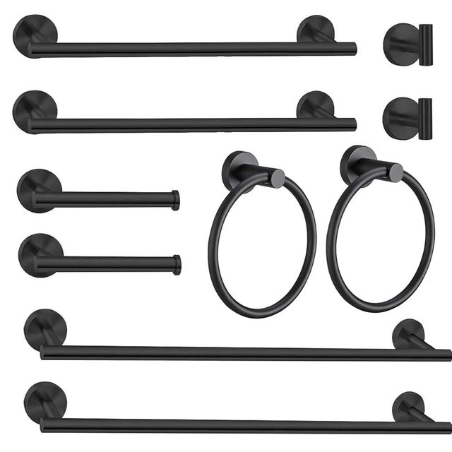 Toptowel 10Pcs Bath Towel Bar Set, Includes 23.6 & 16 Inch Towel Bars, Hooks, Rings & Toilet Paper Holder - Black