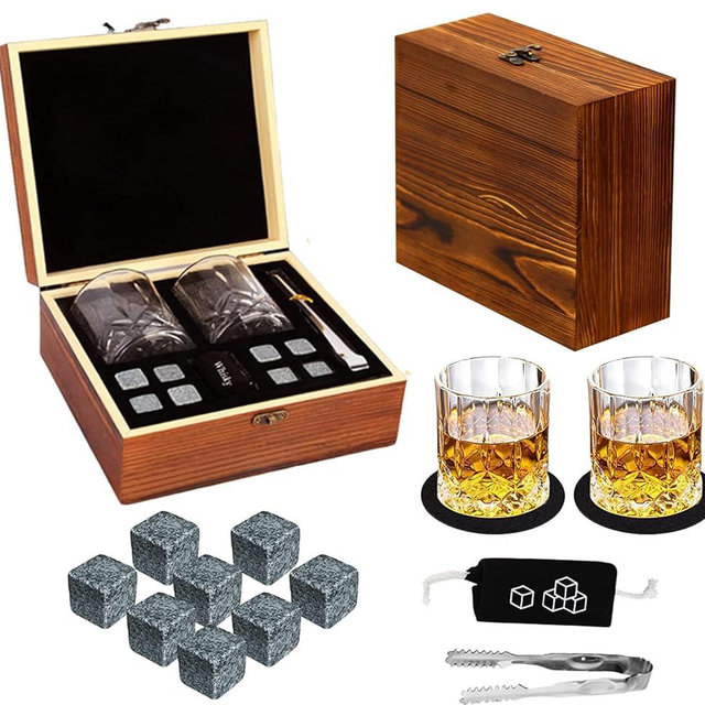 Whiskey Stones Gift Set - DIOXADOP Whiskey Glass Set Gifts for Men, 8 Granite Chilling Whisky Rocks, 2 Crystal Whisky Glasses - Best Gifts for Men Dad Husband Boyfriend Birthday Present