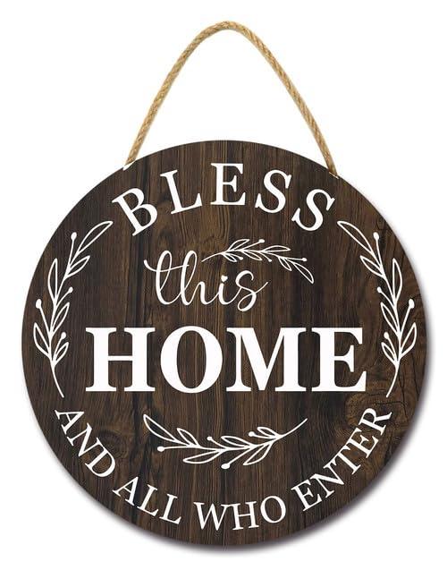 Soliyoahee Bless This Home And All Who Enter Door Sign 12inch Round Rustic Wooden Farmhouse Porch Wreath Funny Door Hanging Sign for Indoor Outdoor Home Window Decor