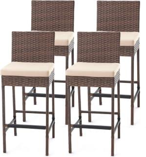 ECOTOUGE Set of 4 Outdoor Rattan Bar Stools with Cushions – Armless Wicker Barstools for Patio, Poolside, Deck & Backyard, Weather-Resistant Furniture(Brown)