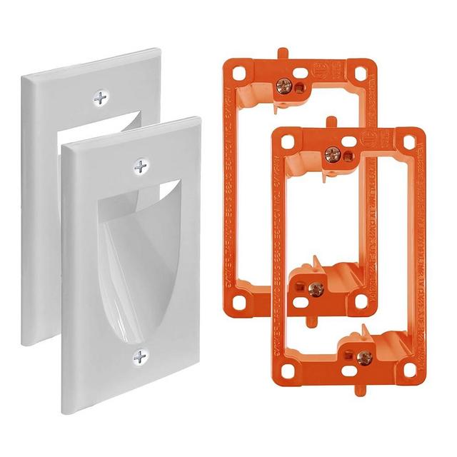 2 Pack Wall Plate with Bracket - In Wall Cable Management Kit - Recessed Wall Plate Cable Pass Through Pair with Single Gang Low Voltage Mounting Bracket - TV Cord Hider for Wall Mounted TV