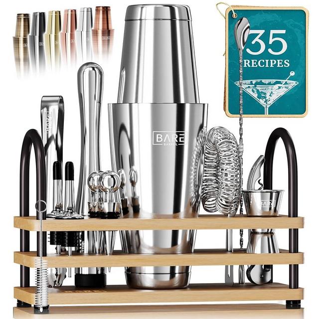 BARE BARREL® Mixology Bartender Kit Bar Set | 14-Piece Cocktail Shaker Set | Martini Barware Mixing Tools for Home Bartending | Incl. 35 Recipe Cards | Gift Set (28oz Boston Shaker, Bamboo Silver)