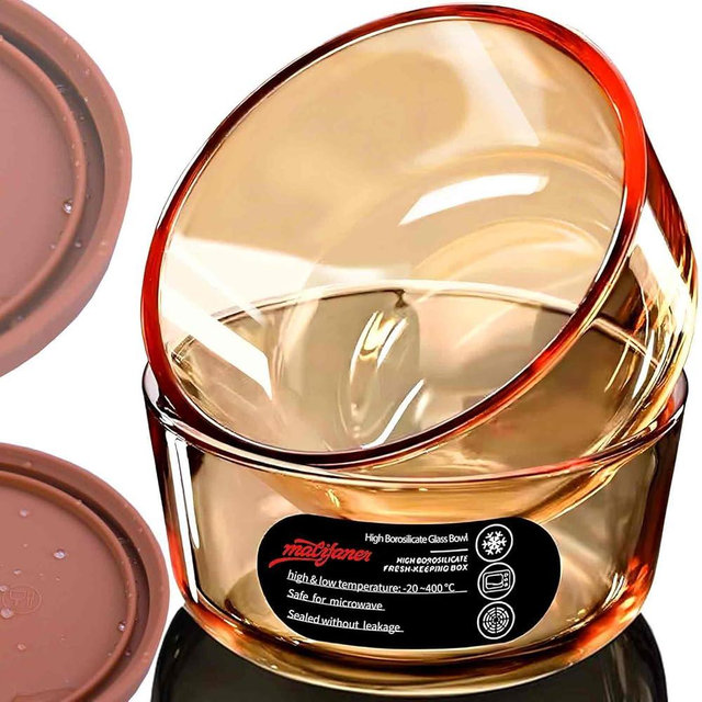 Matifaner 2-Piece 14 Oz Amber Borosilicate Glass Bowls with Silicone Lids, 4mm Thickened Design, 100% Leakproof, Microwave & Freezer Safe, Ideal for Meal Prep, Desserts, Snacks & Outdoor Use
