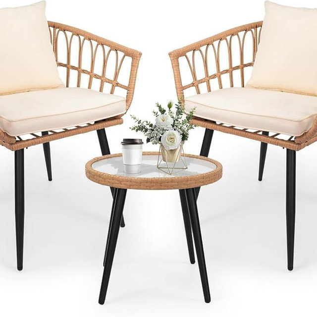 MOLIBYME 3 Piece Patio Bistro Set, All-Weather Outdoor Rattan Balcony Furniture Set with Cushions, Wicker Table and Chairs Set of 2 for Porch, Backyard, Lawn Poolside, Deck(Beige)