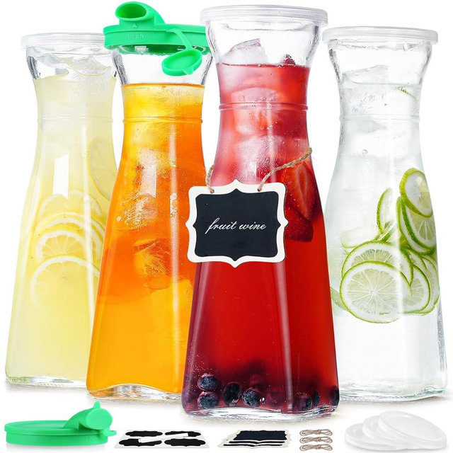4 Pack 1 Liter Square Glass Water Carafe with 6 Lids and 2 Silicone Pour Spouts! 35 Oz Glass Pitchers for Fridge - Glass Beverage Dispensers for Iced Tea, Beverage, Milk, Cold Brew and Mimosa Bar