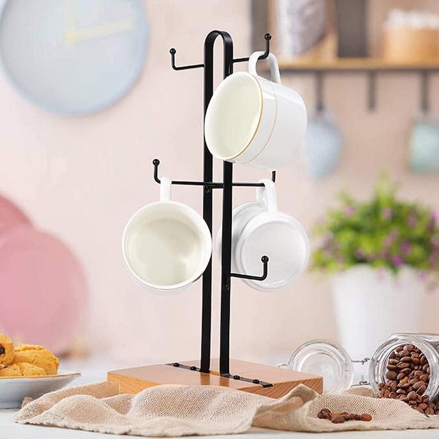 Coffee Mug Holder, Coffee Cup Metal Tree Holder Countertop, Wood Base Coffee Bar Accessories with 6 Hooks