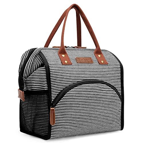LOKASS Lunch Bag Insulated Lunch Box Wide-Open Lunch Tote Bag Large Drinks Holder Durable Canvas Thermal Snack Organizer for Women Men Adults College Work Picnic Hiking Beach Fishing,Stripes
