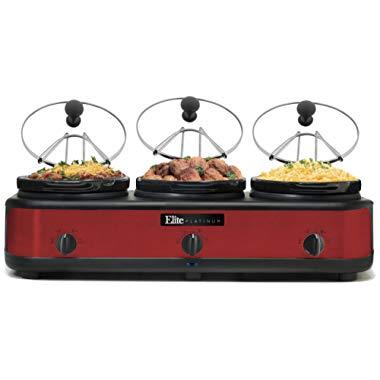 Elite Platinum EWMST-325R Triple Slow Cooker Buffet Server, Warmer, Adjustable Temp Dishwasher-Safe Oval Ceramic Pots, Lid Rests, 3 x 2.5Qt Capacity, Red