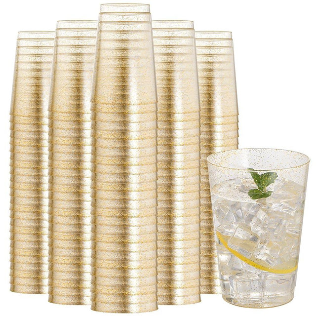 I00000 200 Pack 12 oz Gold Glitter Plastic Cups, Clear Disposable Cups, Disposable Plastic Wine Glasses Cocktail Glasses Premium Cups, 12 Ounce Glitter Tumblers for Party & Wedding