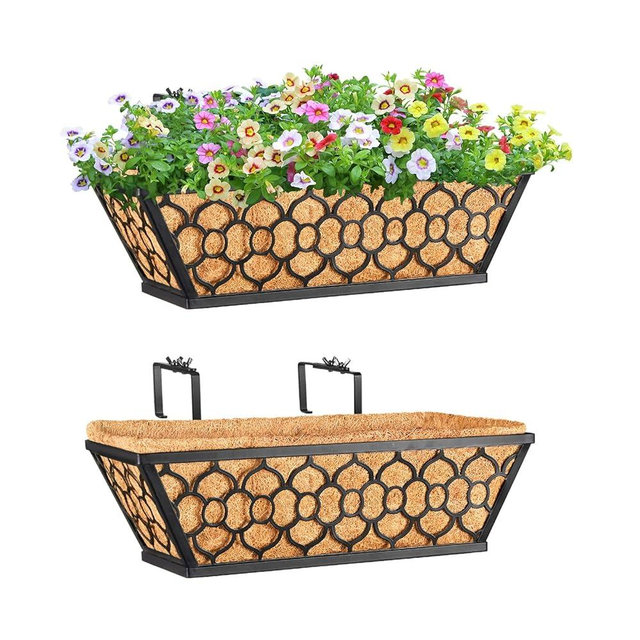 Riare 2 Pack 16 Inch Window Boxes Planters with Coco Liner, Metal Deck Railing Planter Boxes, Balcony Planters Railing Hanging, Horse Trough Window Flower Planter Boxes for Outdoor Porch Fence Patio