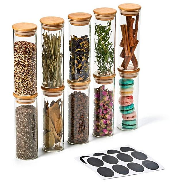 EZOWare 10 Piece Clear Glass Jar Set, Small Air Tight Canister Storage Containers with Natural Bamboo Lids and Chalkboard Labels for Kitchen, Bathroom, Home Decor, Party Favors (300ML)