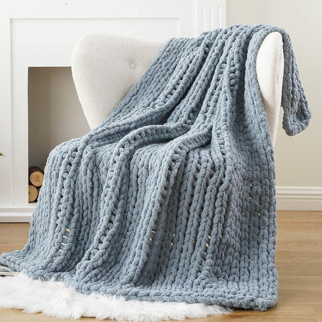 Battilo Chunky Knit Throw Blanket for Couch, Soft and Thick Chenille Throw Blanket, 50"x60" Handmade Cable Knit Crochet Blanket, Bluish Grey Knot Knitted Throw Blankets for Home Decor, Bluish Grey