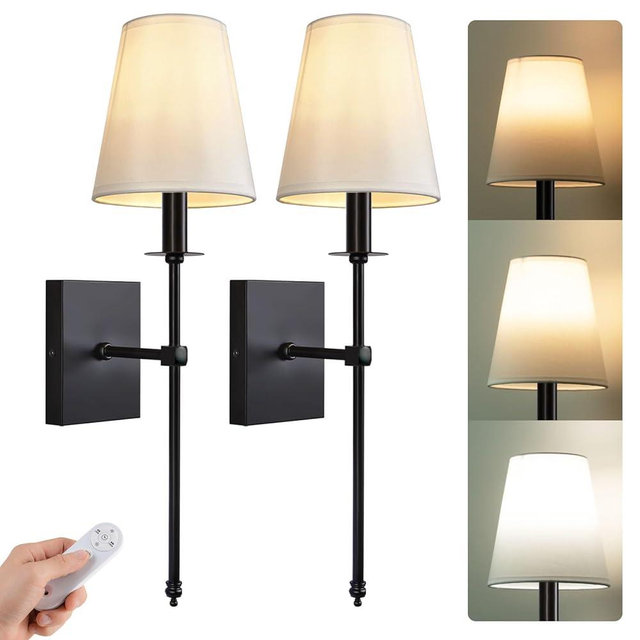 PASSICA DECOR Battery Operated Wall Sconces Set of 2 Two Wireless Lamps with 3 Color Temperature Dimmable Remoted Control Detachable Charging Light Bulb for Bedroom Living Light Fixture Black