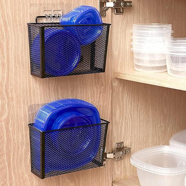 Estituent 2 Pack Metal Over Cabinet Organizer Storage No Drilling Lid Organizer Slim Space Kitchen|Bathroom Pantry Door Organizer Holder Bin Multi-Use Wall Door Basket with Double Adhesive Pads