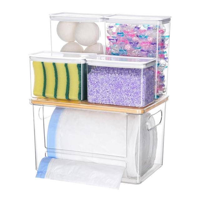 iCASA Trash Bag Holder Laundry Pods Container, 5 in 1 Trash Bag Dispenser Under Sink Acrylic Garbage Bags and Dishwasher Pod Organizer Detergent Powder Container, Laundry Room Organization Storage