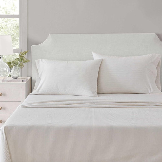 Martha Stewart - King Size Sheets Set, Crisp & Tailored Cooling Sheets w/a Naturally Smooth Cotton Percale Lightweight Feel - Bed Sheets with Matching Pillowcases & Fitted Sheet (Stripe White)