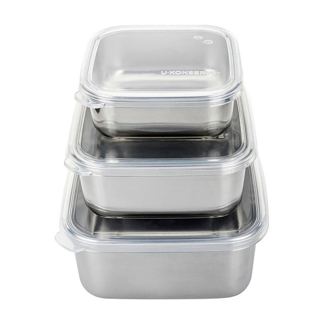 U Konserve Stainless Steel Nested Trio Food Storage Container Bento Box, Set of 3 (15, 30, & 50 oz), Leak Resistant, Silicone Lid, Dishwasher Safe, Plastic Free