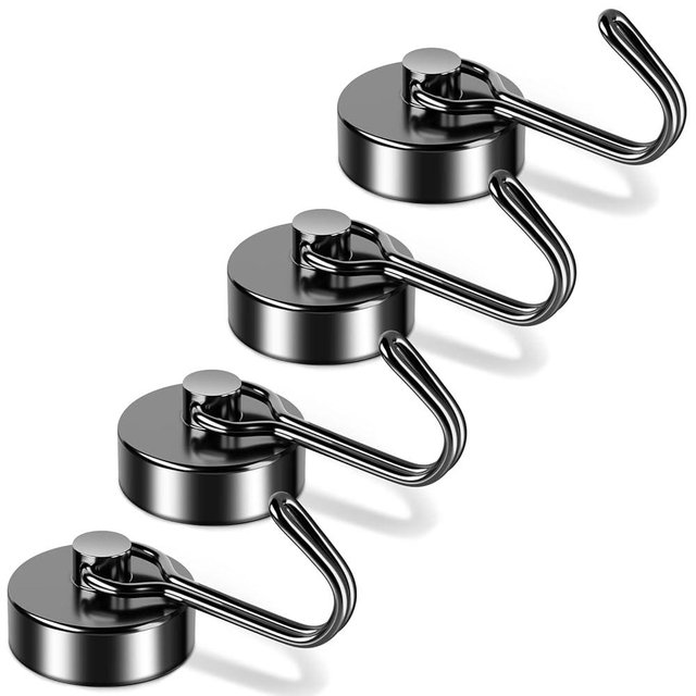 FINDMAG 4 Pack Black Magnetic Hooks 40LBS Neodymium Magnet Hooks, Strong Magnetic Hooks for Hanging, Magnet with Hooks for Kitchen, Office, Garage, Warehouse