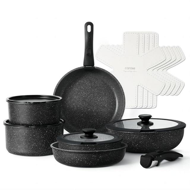 CAROTE 17pcs Pots and Pans Set Detachable Handle, Nonstick Cookware Set with Removable Handle,RV Kitchen Set, Oven Use, Camping Use, Midnight Black Granite