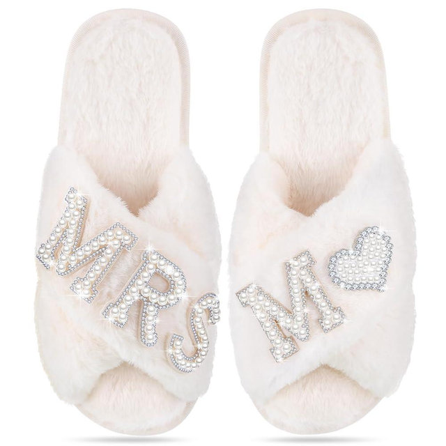 Tarpop Bride Slippers Mrs Slipper for Wedding with Personalized Initial Pearl Design Bridal Gifts