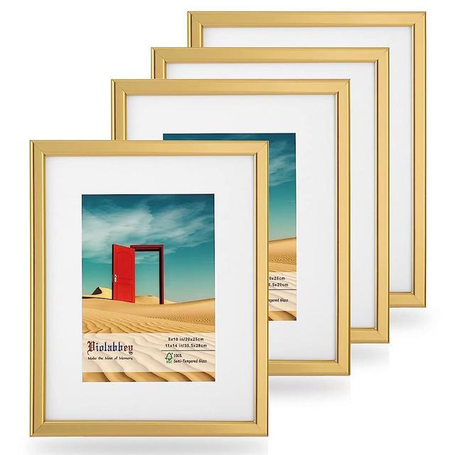 VIOLABBEY 11x14 Picture Frames Set of 4, Fits 8x10 Pictures with Ivory Mat or 11x14 without Mat, Vertical or Horizontal for Wall or Tabletop Display, Semi Tempered Glass, Light Gold