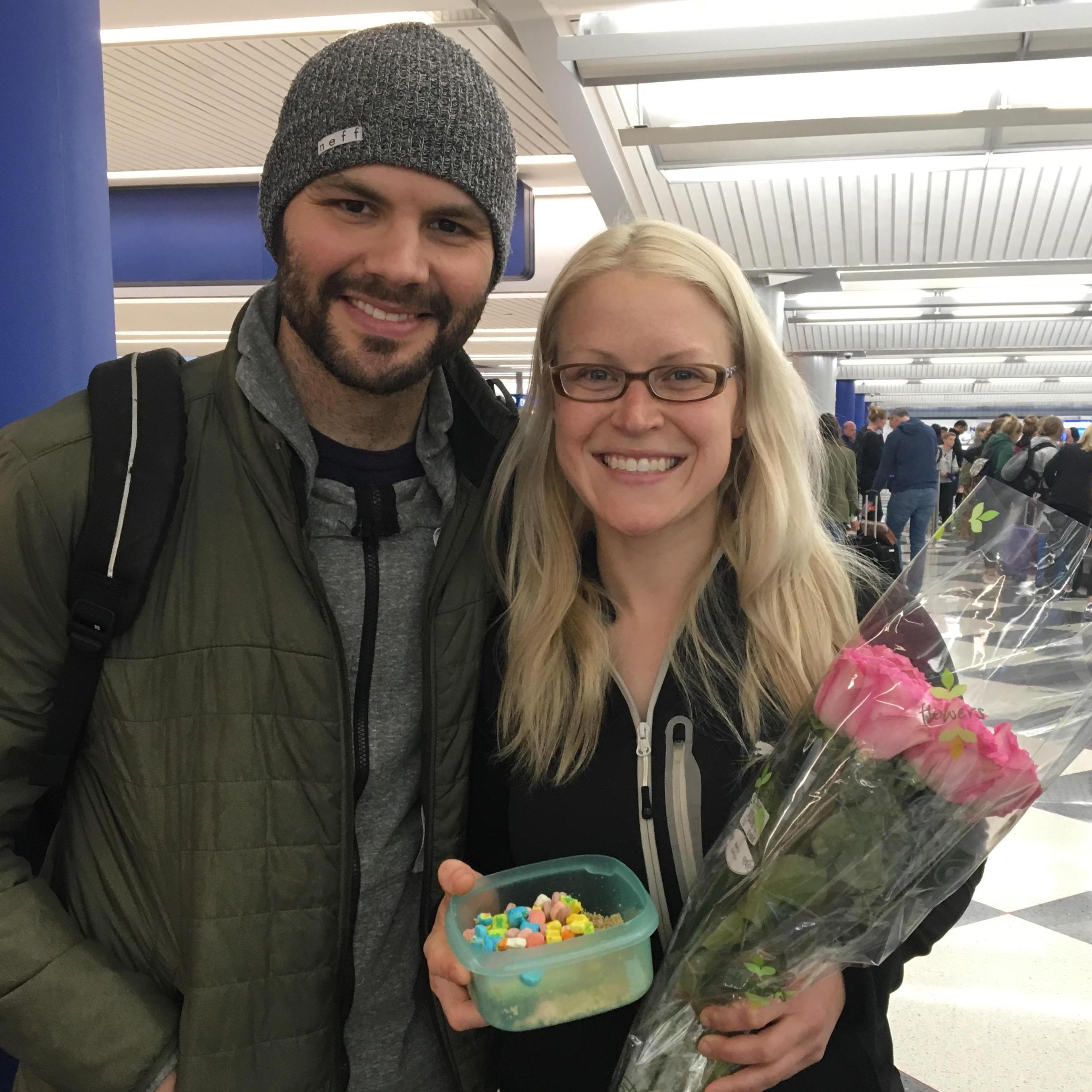 My knight in shining armor!  When you are greeted at the airport with flowers and homemade dessert, you know you have a keeper!!