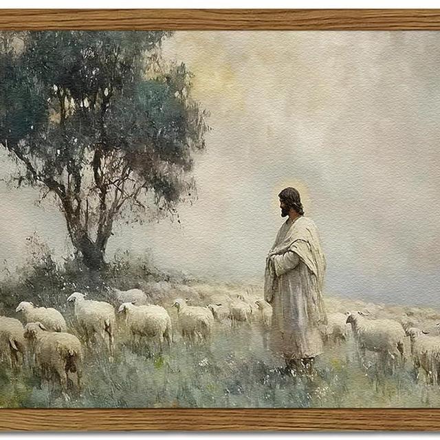 Jesus Leaves the 99 Sheep Wall Art, Frame 3D Textured Hand Drawn Sandstone Christian Wall Decor Paintings, Lost Lamb Religious Artwork for Living Prayer Room Bedroom 12x16 inch Framed