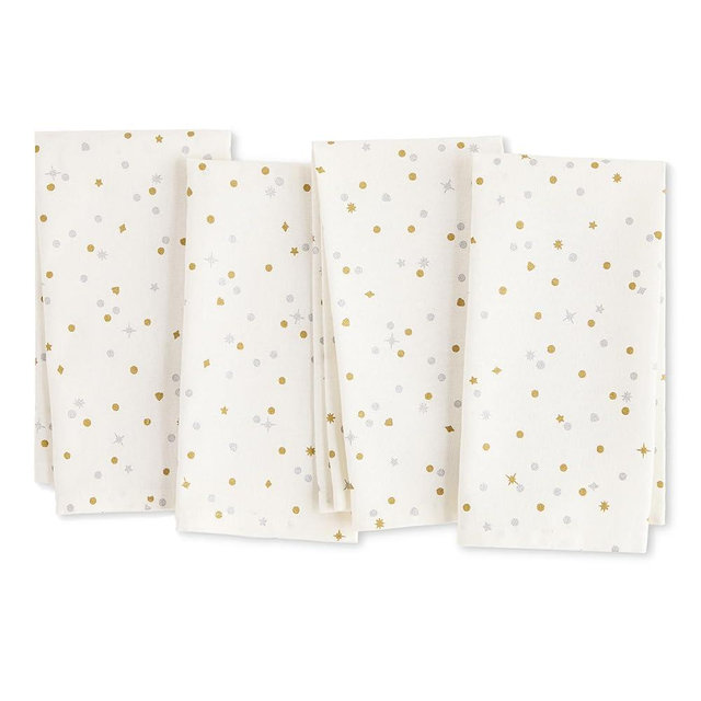 kate spade new york Celebration Confetti Dot Holiday Cloth Napkins 4-Pack Set, 100% Cotton with Metallic Print, Machine Washable, Ivory/Gold/Silver, 20"x20"