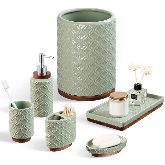 RQYIXI Bathroom Accessories Set Green 6 Pieces Toothbrush Holder Soap Dispenser Ceramic Bathroom Accessory Set Contain Toothbrush Cup Soap Dish Tumbler