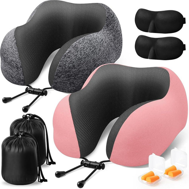 ExploreBliss Travel Pillow, 2 Pack Travel Pillows for Sleeping Airplane, Neck Pillow Airplane, Memory Foam Neck Pillow Set with Eye Mask, Earplugs and Storage Bag -Grey & Pink