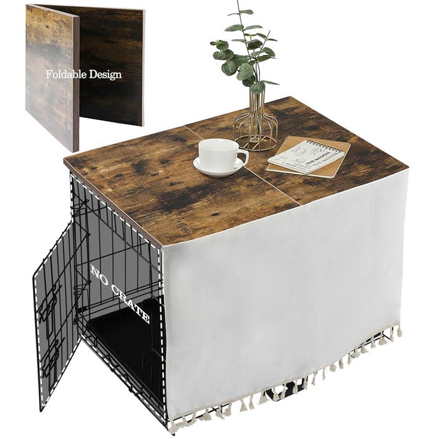 VIE DE AMAN Dog Crate Topper Wood for 24 30 36 42 48 inch Cages, Table Foldable Dog Kennel Topper with Tassel Curtain, Rustic Style Top Rustic Brown(Dog Crate Not Include)