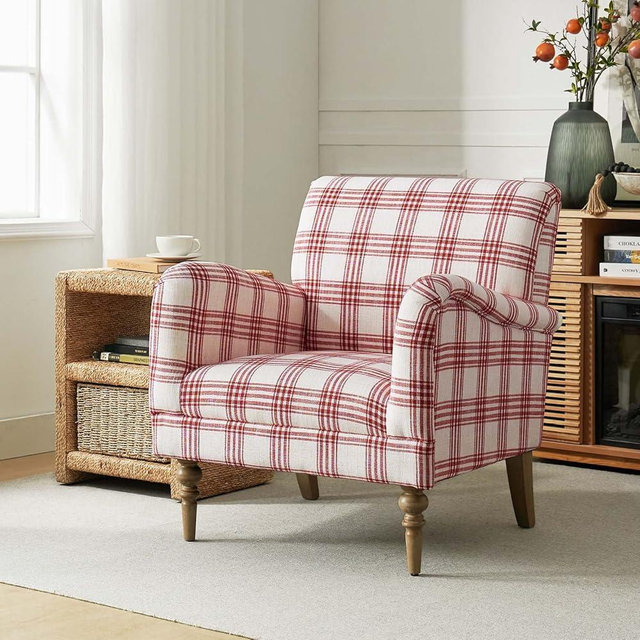 HULALA HOME Modern Accent Chair with Arms and Wooden Legs, Comfy Upholstered Armchair for Bedroom Living Room, (Plaid Pattern, Red)
