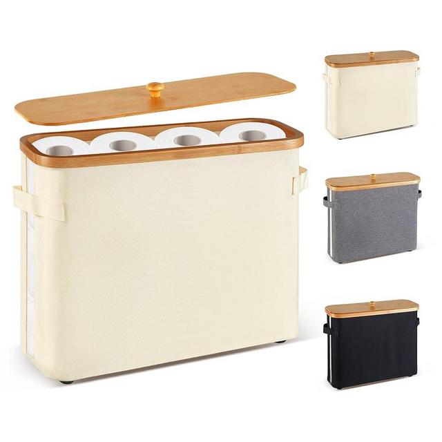 VVTHIP Toilet Paper Storage Basket with Lid and Handle for Bathroom， Bamboo Collapsible Toilet Paper Holder Storage with Non-Slip Bottom ,Extra Toilet Roll Storage, Beige