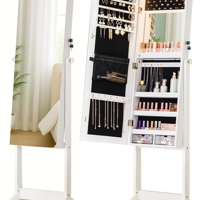 LUXFURNI LED Light Mirror Jewelry Cabinet Standing Jewelry Armoire, 60" Full Length Mirror with Storage, Built-in Makeup Mirror, 3 Adjustable Angles, Lockable Jewelry Mirror Organizer, White