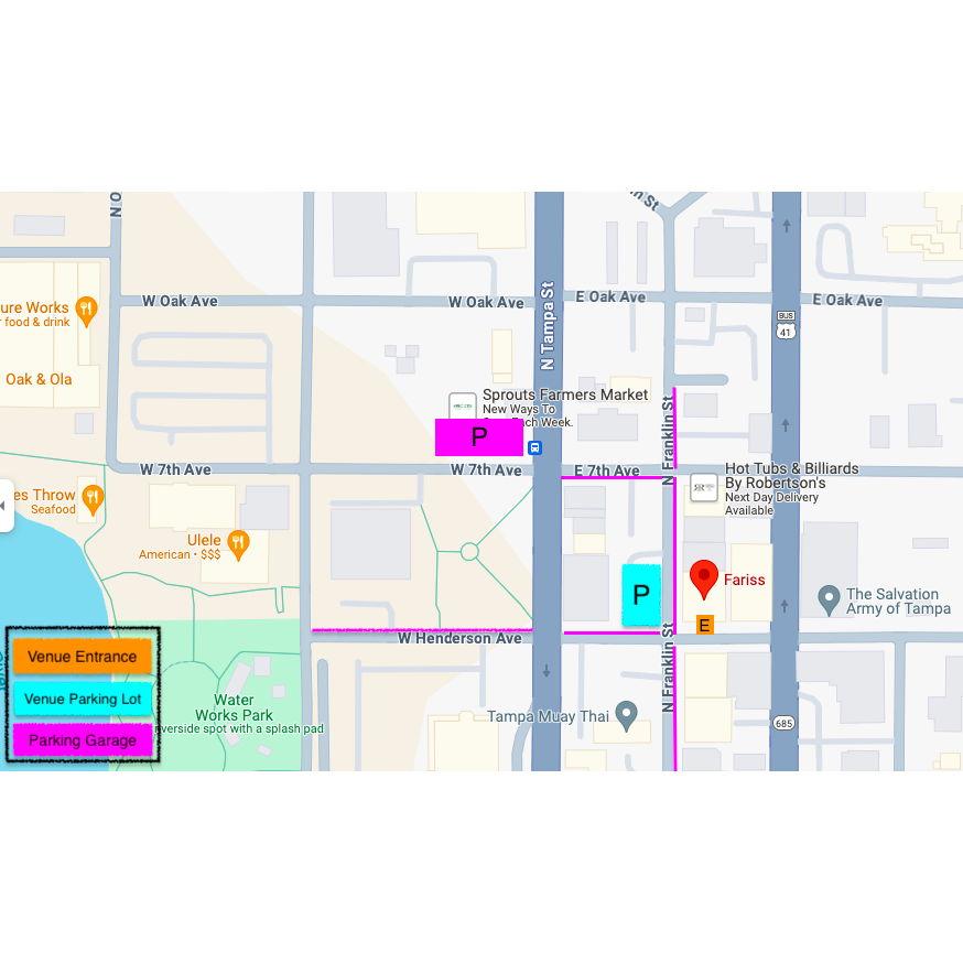 Parking located at purple boxes above and along the nearby streets. Most are free, but look for signs as some might be metered. A paid parking garage is at the corner of 7th and Tampa St near Sprouts.