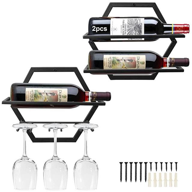 2Pcs Wall Mounted Wine Bottle Stemware Rack, Metal Hanging Wine Display Holder with 3 Stemware Glass Organizer, Red Wine Racks for Home Kitchen Bar Decor (Black) (AB)